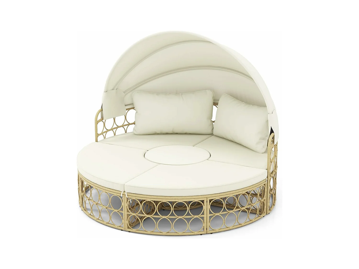 Lit de Jardin Rond en Rotin PE avec Auvent Rétractable, Bains de soleil Sièges Séparés Coussins Doux et Table Basse, Ensemble de Canapé d'Extérieur, Blanc