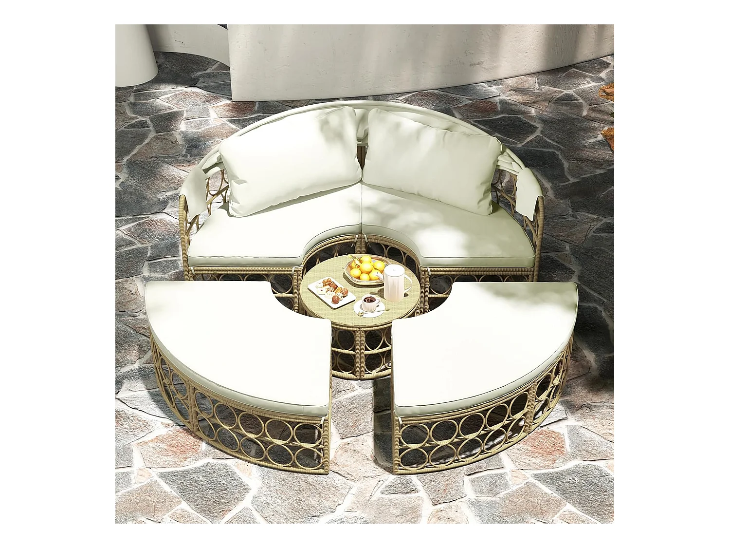 Lit de Jardin Rond en Rotin PE avec Auvent Rétractable, Bains de soleil Sièges Séparés Coussins Doux et Table Basse, Ensemble de Canapé d'Extérieur, Blanc