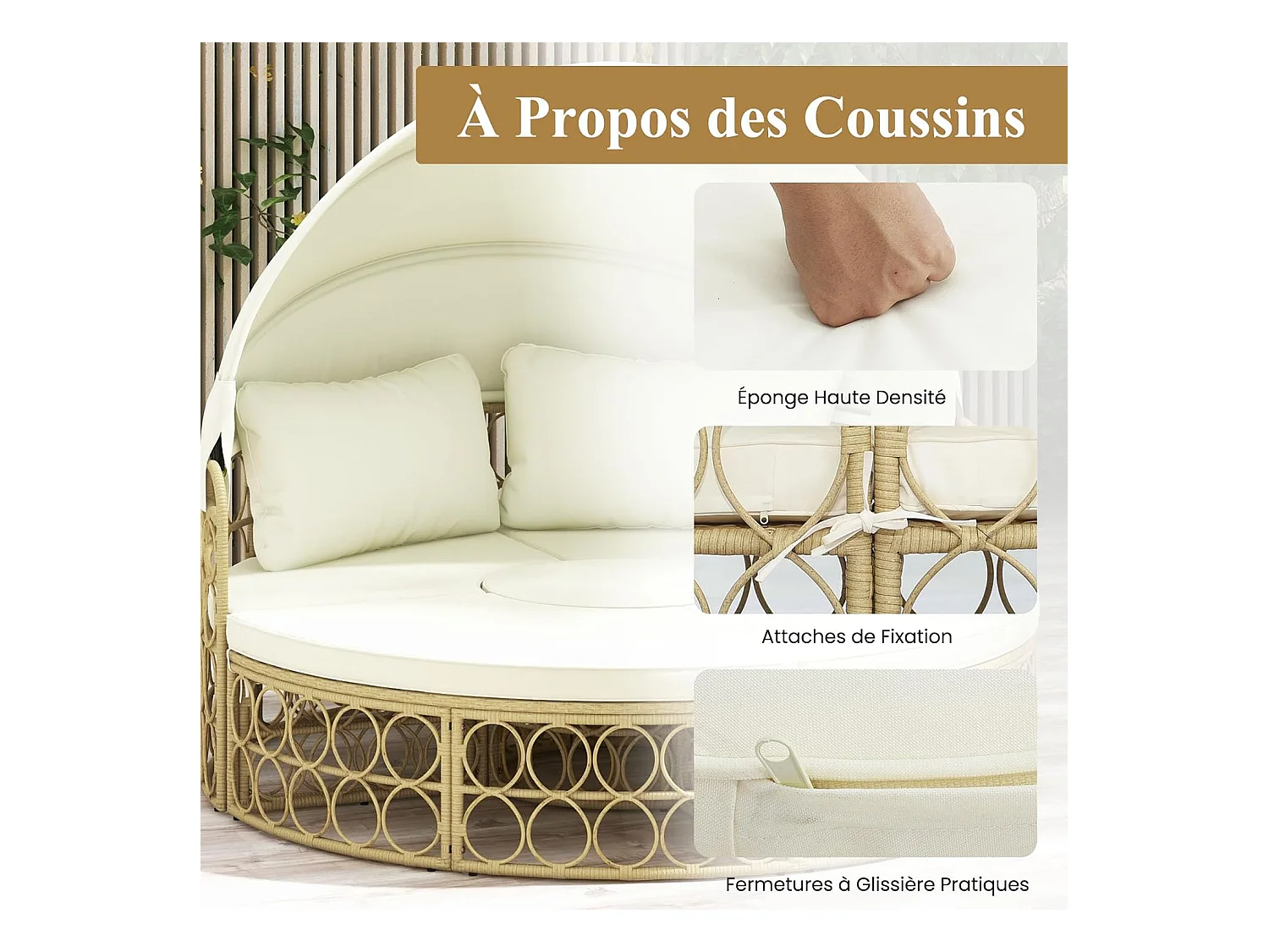 Lit de Jardin Rond en Rotin PE avec Auvent Rétractable, Bains de soleil Sièges Séparés Coussins Doux et Table Basse, Ensemble de Canapé d'Extérieur, Blanc