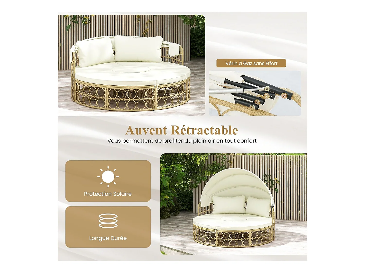 Lit de Jardin Rond en Rotin PE avec Auvent Rétractable, Bains de soleil Sièges Séparés Coussins Doux et Table Basse, Ensemble de Canapé d'Extérieur, Blanc