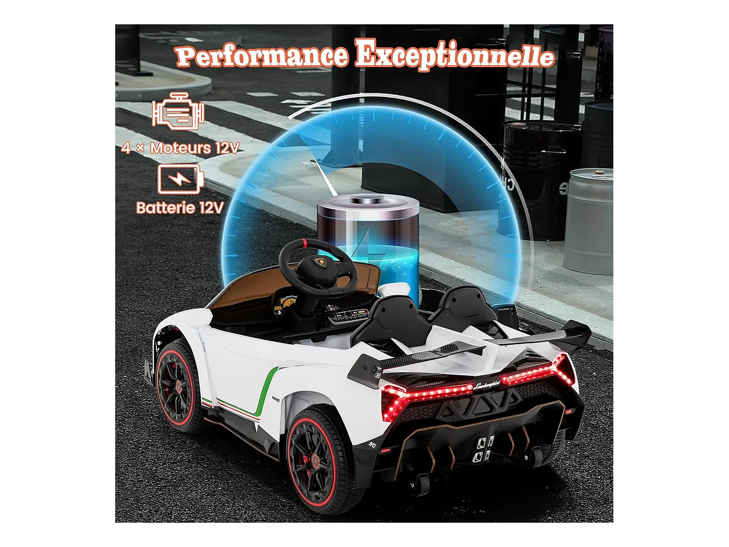 12V Lamborghini Voiture Electrique Enfants avec Télécommande 2,4G, Véhicule avec LED & Musique, Mode Bascule, Charge 30kg pour 3-8 Ans