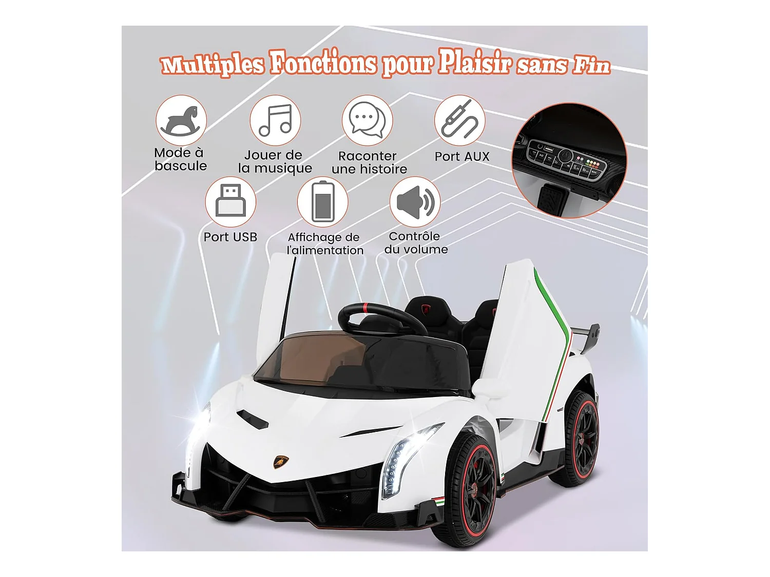 12V Lamborghini Voiture Electrique Enfants avec Télécommande 2,4G, Véhicule avec LED & Musique, Mode Bascule, Charge 30kg pour 3-8 Ans