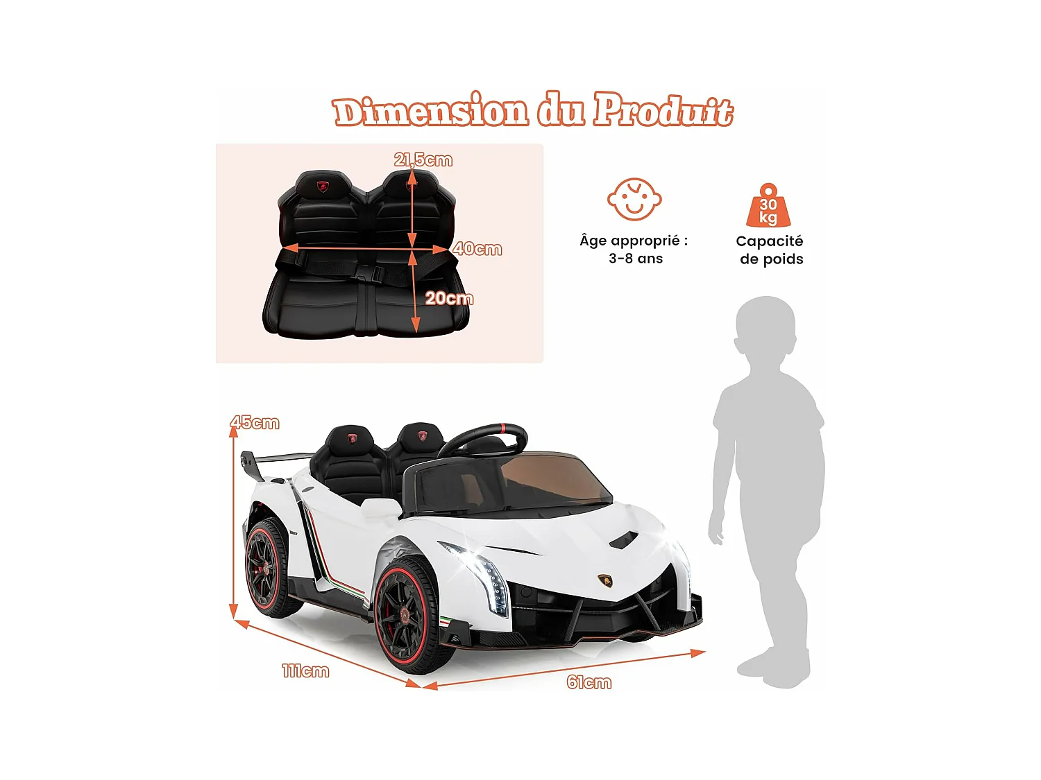 12V Lamborghini Voiture Electrique Enfants avec Télécommande 2,4G, Véhicule avec LED & Musique, Mode Bascule, Charge 30kg pour 3-8 Ans