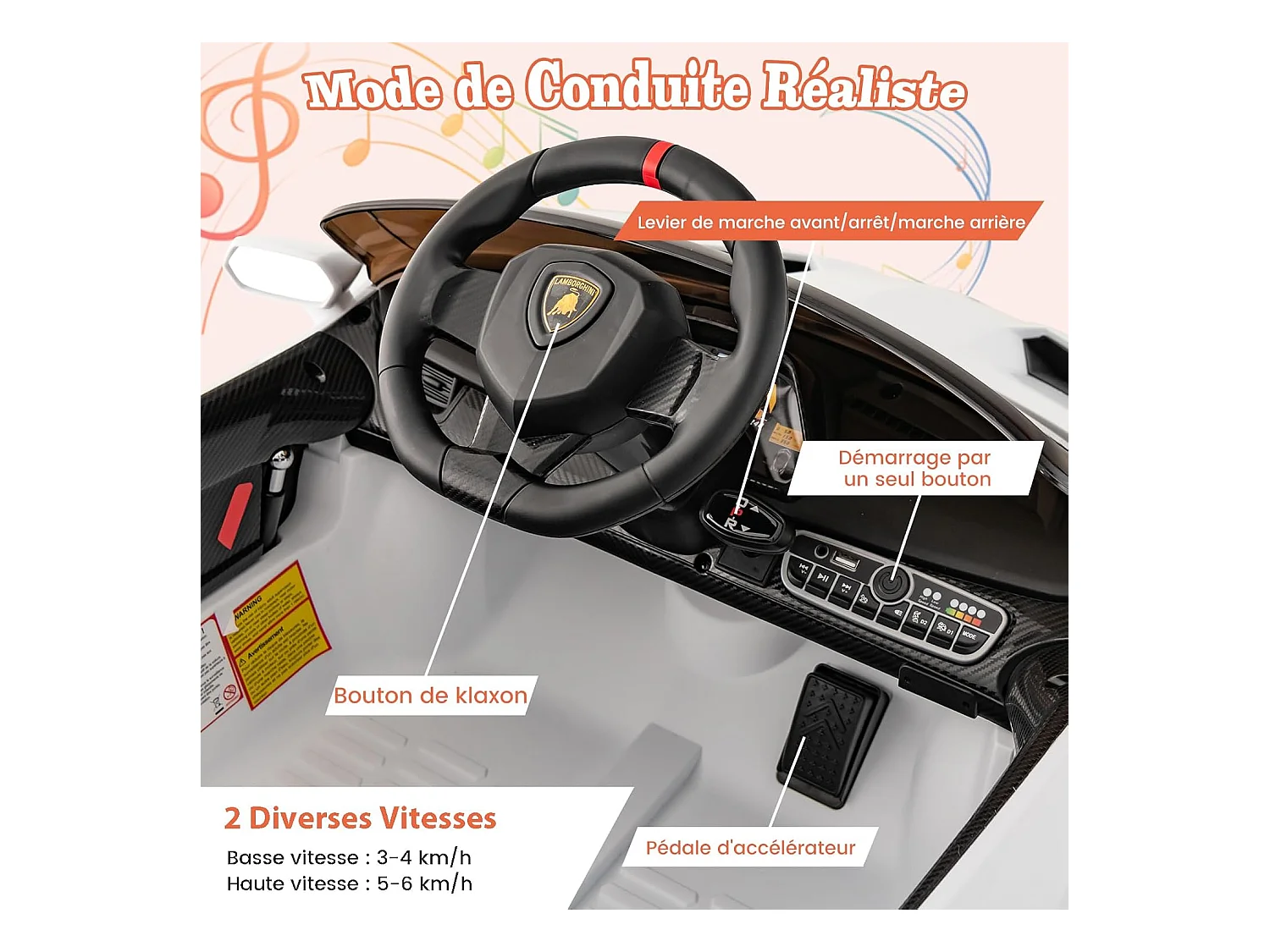 12V Lamborghini Voiture Electrique Enfants avec Télécommande 2,4G, Véhicule avec LED & Musique, Mode Bascule, Charge 30kg pour 3-8 Ans
