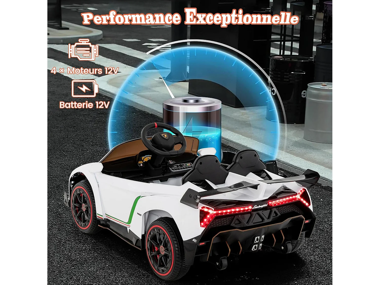 12V Lamborghini Voiture Electrique Enfants avec Télécommande 2,4G, Véhicule avec LED & Musique, Mode Bascule, Charge 30kg pour 3-8 Ans