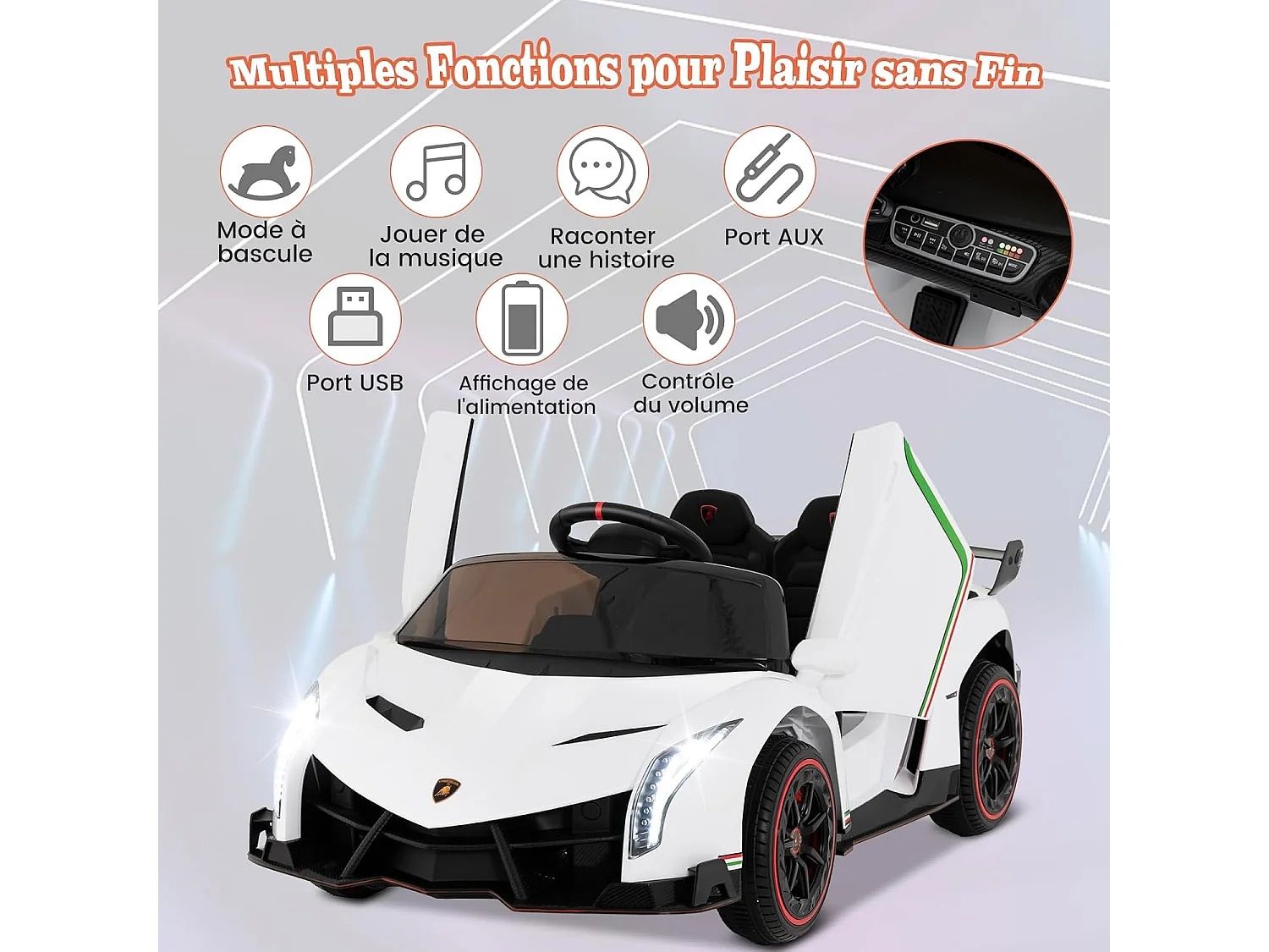 12V Lamborghini Voiture Electrique Enfants avec Télécommande 2,4G, Véhicule avec LED & Musique, Mode Bascule, Charge 30kg pour 3-8 Ans