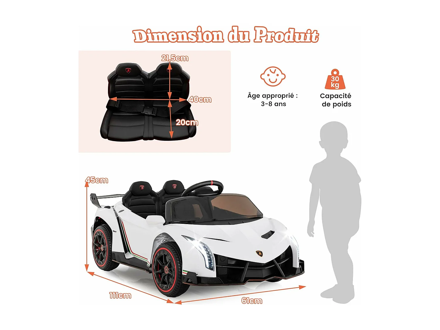 12V Lamborghini Voiture Electrique Enfants avec Télécommande 2,4G, Véhicule avec LED & Musique, Mode Bascule, Charge 30kg pour 3-8 Ans