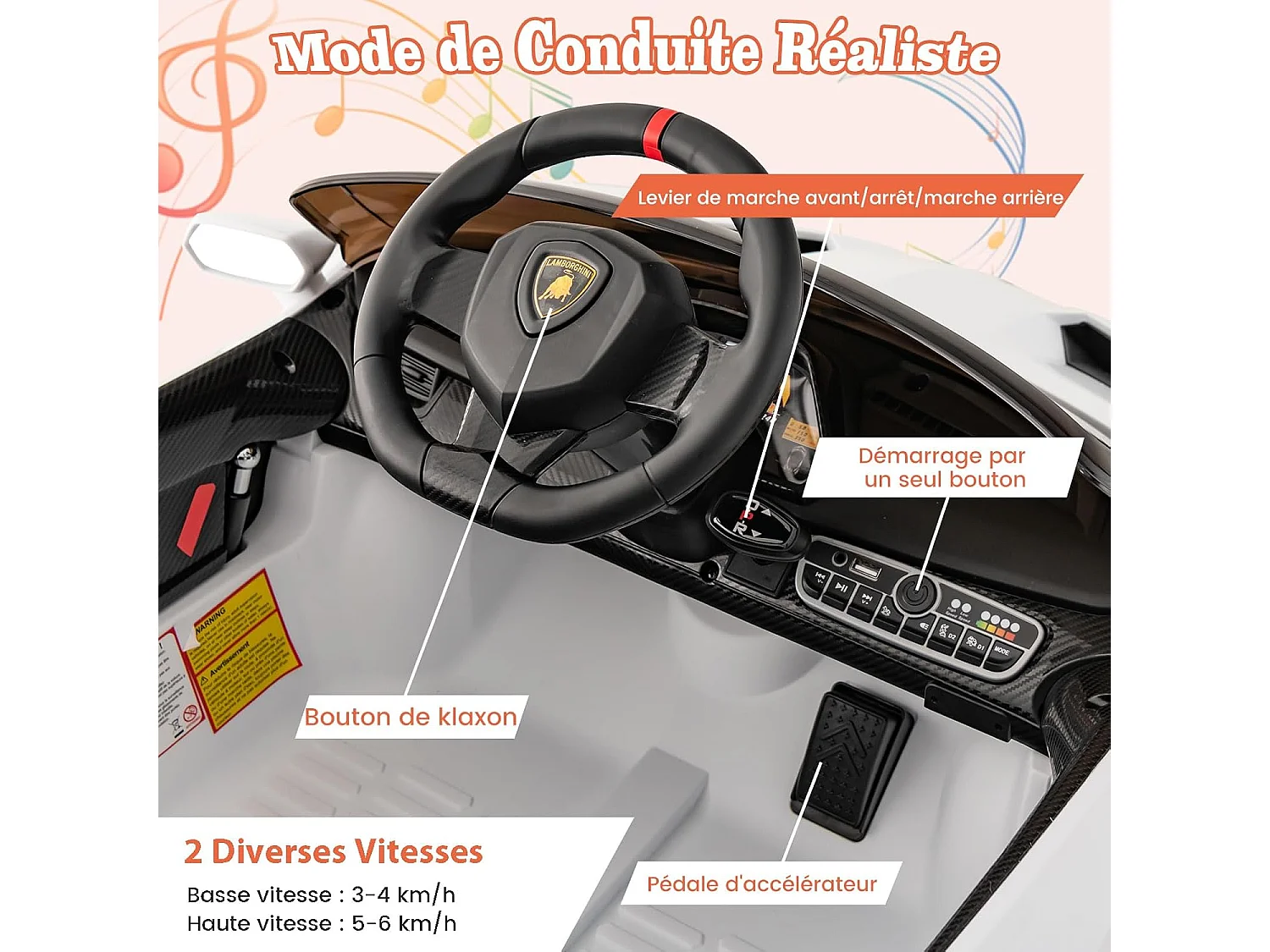 12V Lamborghini Voiture Electrique Enfants avec Télécommande 2,4G, Véhicule avec LED & Musique, Mode Bascule, Charge 30kg pour 3-8 Ans