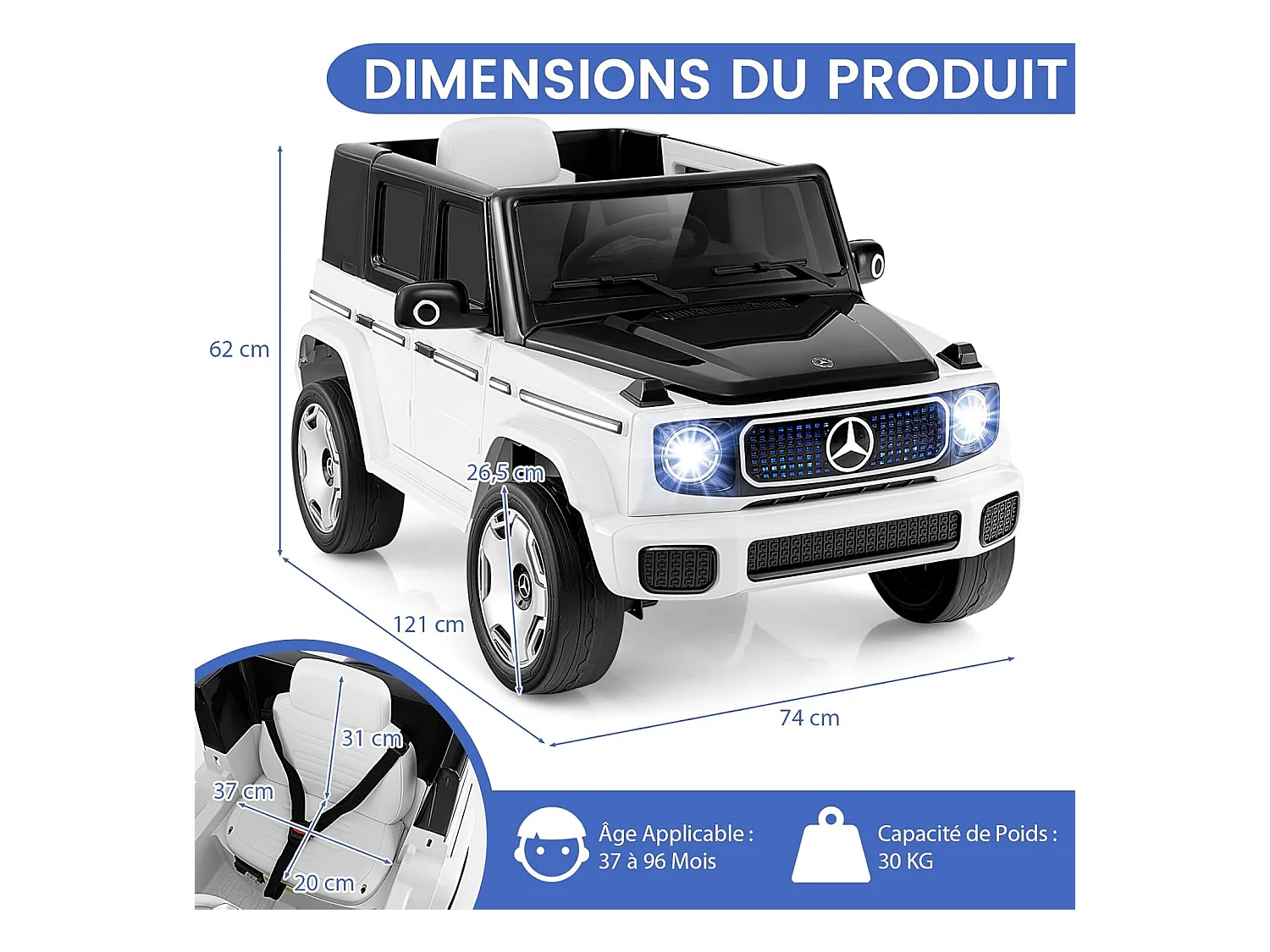12V Mercedes-Benz Voiture Électrique Enfant avec Télécommande, Véhicule Électrique à 4 Roues avec Lumières LED & Musique & Klaxon, Charge 30kg pour 3-8 Ans (Blanc)