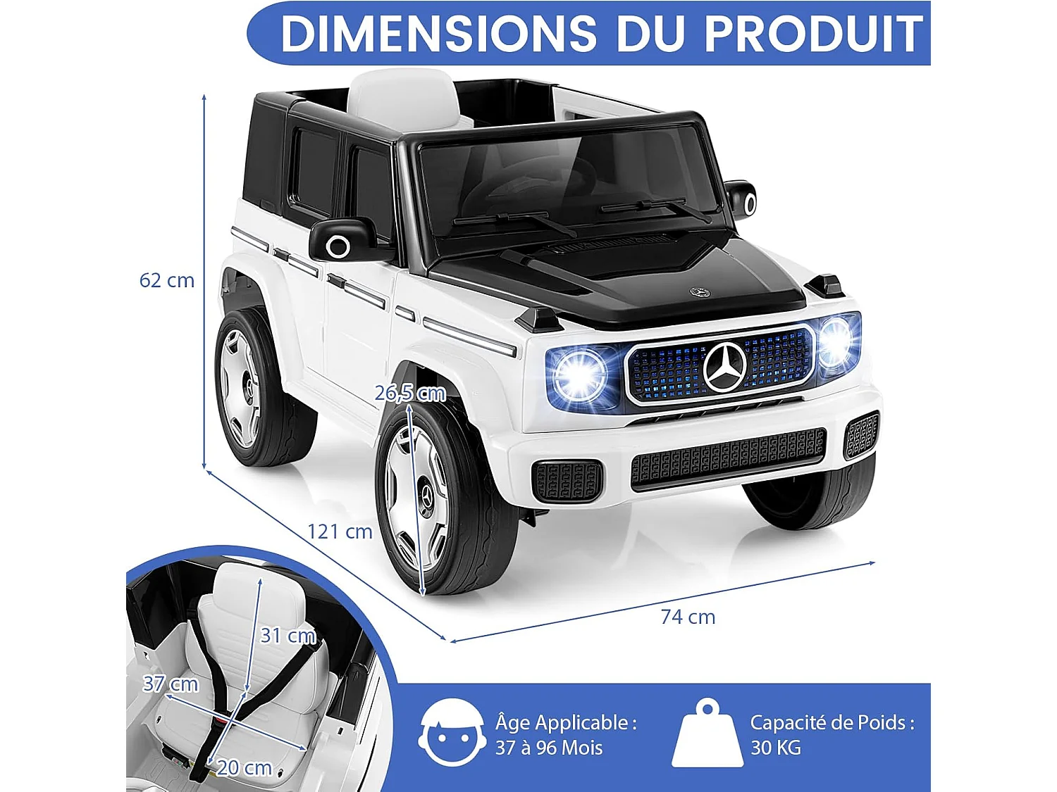 12V Mercedes-Benz Voiture Électrique Enfant avec Télécommande, Véhicule Électrique à 4 Roues avec Lumières LED & Musique & Klaxon, Charge 30kg pour 3-8 Ans (Blanc)