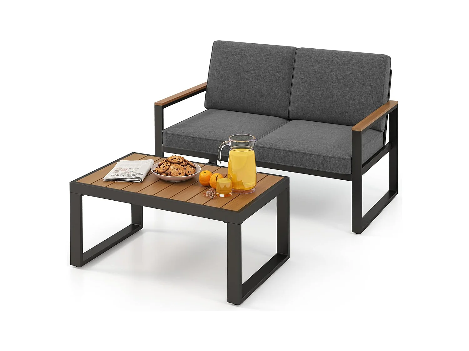 Salon de Jardin 2 Pièces avec Table Basse Causeuse, Ensemble de Meubles d'Extérieur en Aluminium avec Accoudoirs et Plateau en Bois, pour Patio Balcon