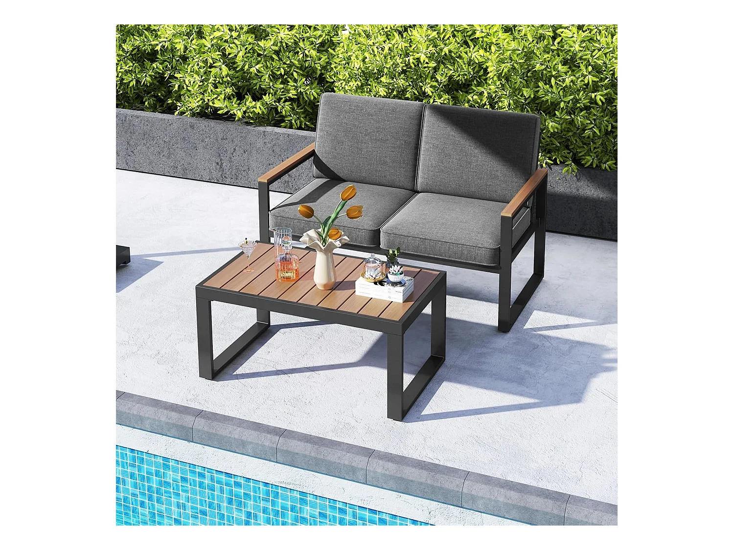 Salon de Jardin 2 Pièces avec Table Basse Causeuse, Ensemble de Meubles d'Extérieur en Aluminium avec Accoudoirs et Plateau en Bois, pour Patio Balcon