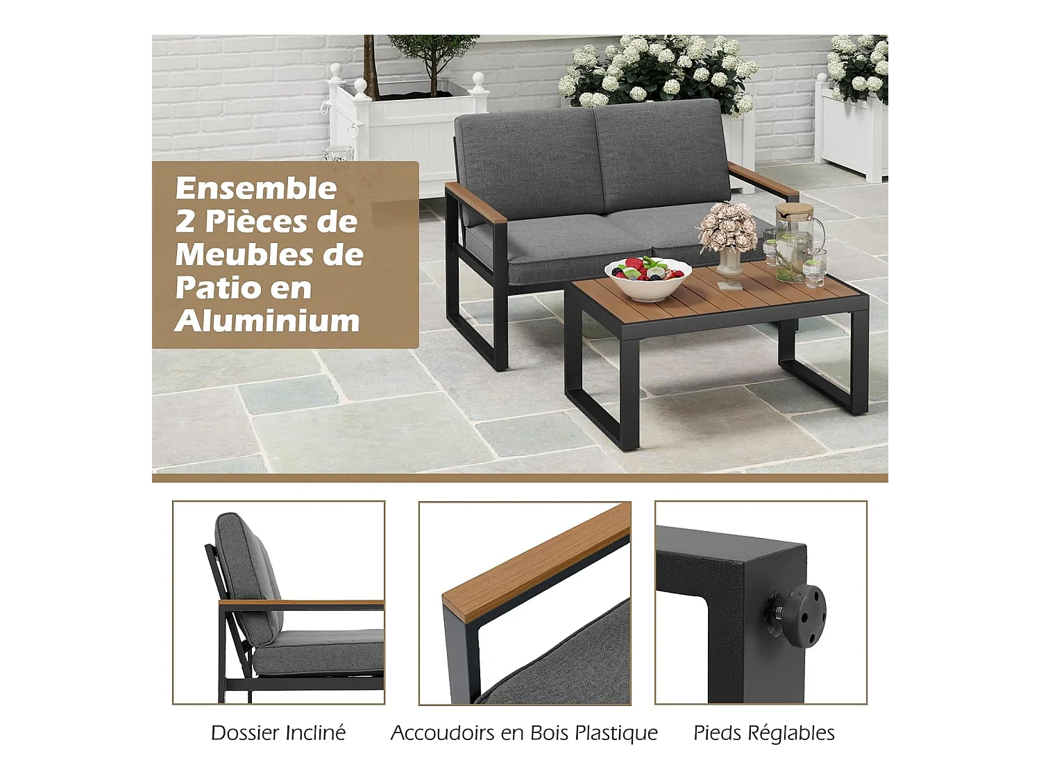 Salon de Jardin 2 Pièces avec Table Basse Causeuse, Ensemble de Meubles d'Extérieur en Aluminium avec Accoudoirs et Plateau en Bois, pour Patio Balcon