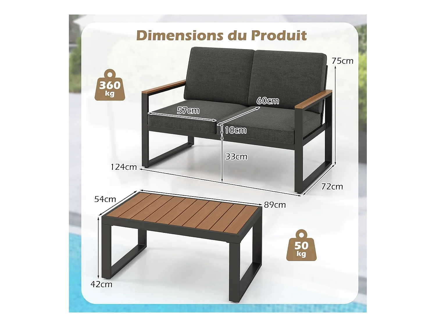 Salon de Jardin 2 Pièces avec Table Basse Causeuse, Ensemble de Meubles d'Extérieur en Aluminium avec Accoudoirs et Plateau en Bois, pour Patio Balcon