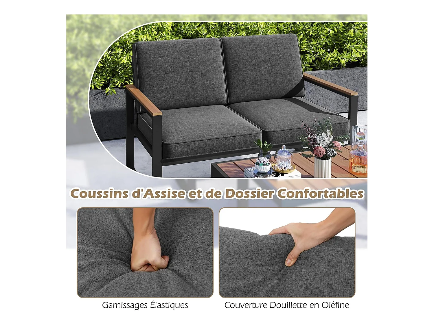 Salon de Jardin 2 Pièces avec Table Basse Causeuse, Ensemble de Meubles d'Extérieur en Aluminium avec Accoudoirs et Plateau en Bois, pour Patio Balcon