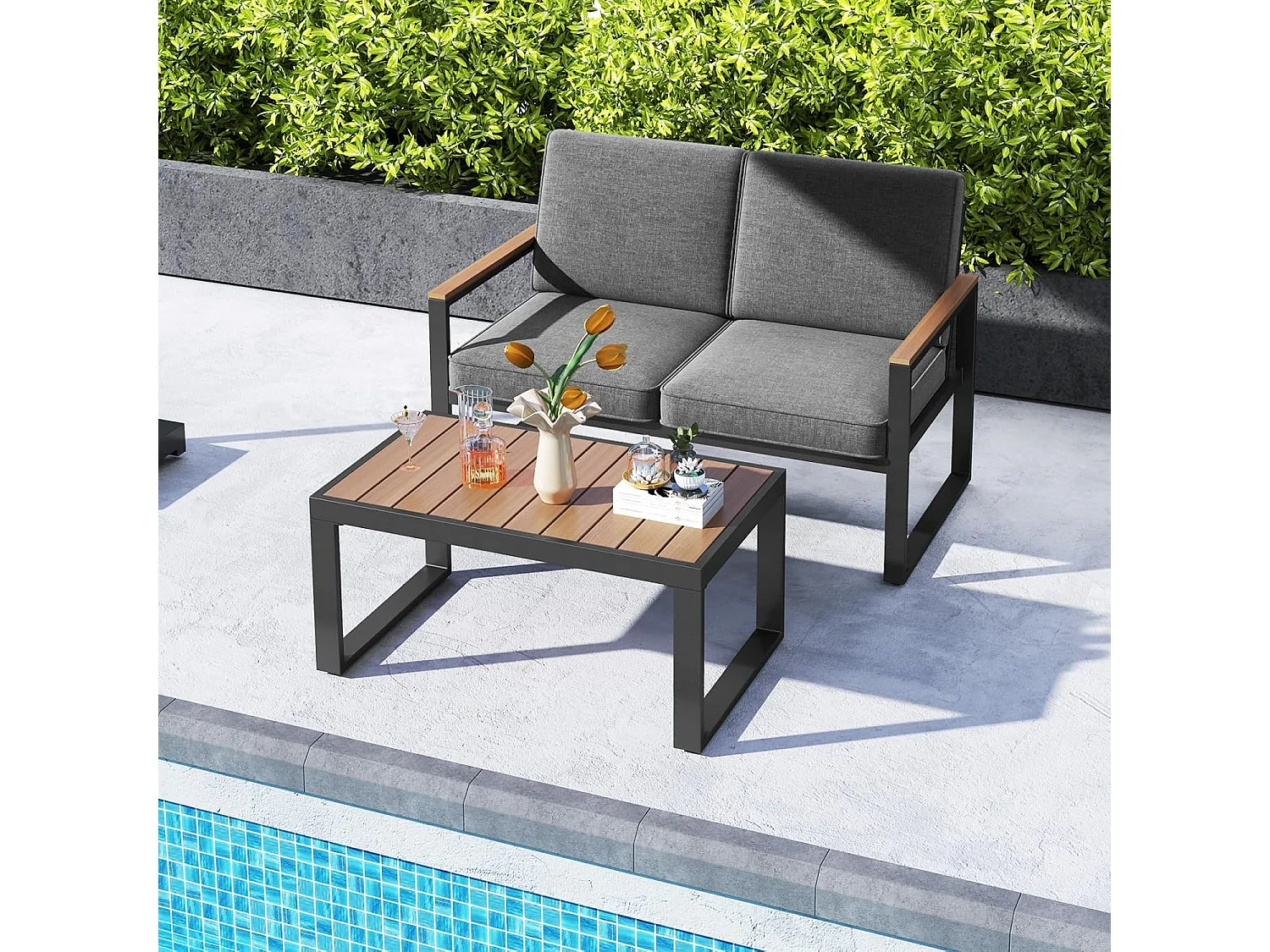 Salon de Jardin 2 Pièces avec Table Basse Causeuse, Ensemble de Meubles d'Extérieur en Aluminium avec Accoudoirs et Plateau en Bois, pour Patio Balcon
