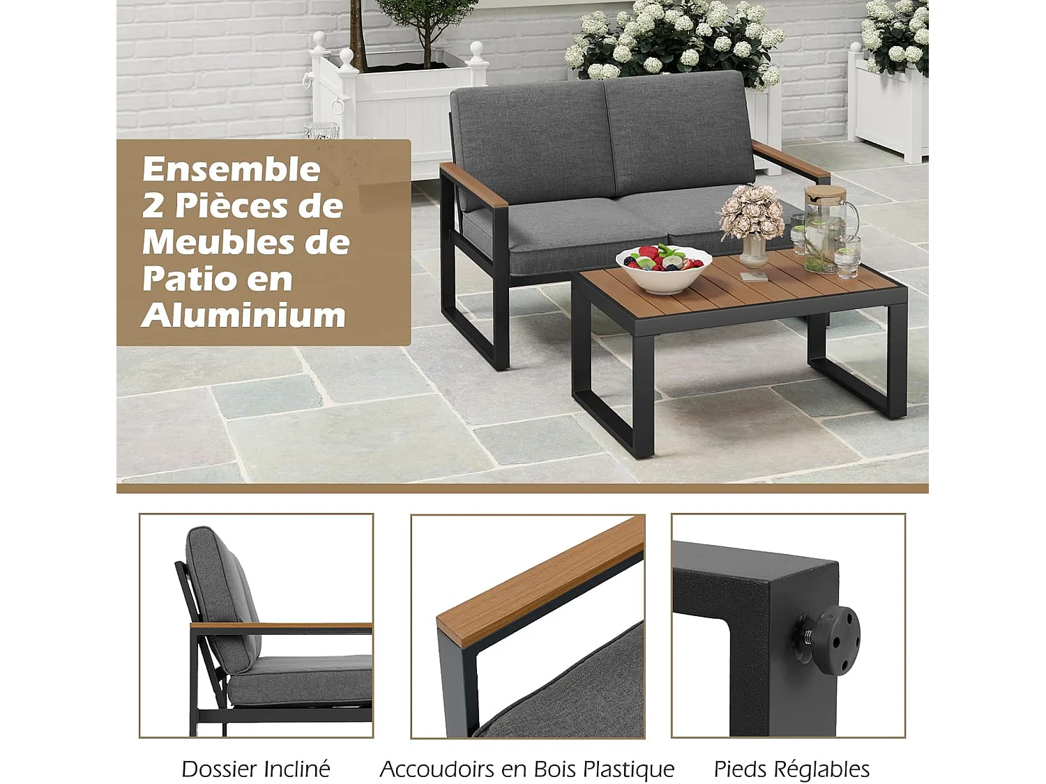 Salon de Jardin 2 Pièces avec Table Basse Causeuse, Ensemble de Meubles d'Extérieur en Aluminium avec Accoudoirs et Plateau en Bois, pour Patio Balcon