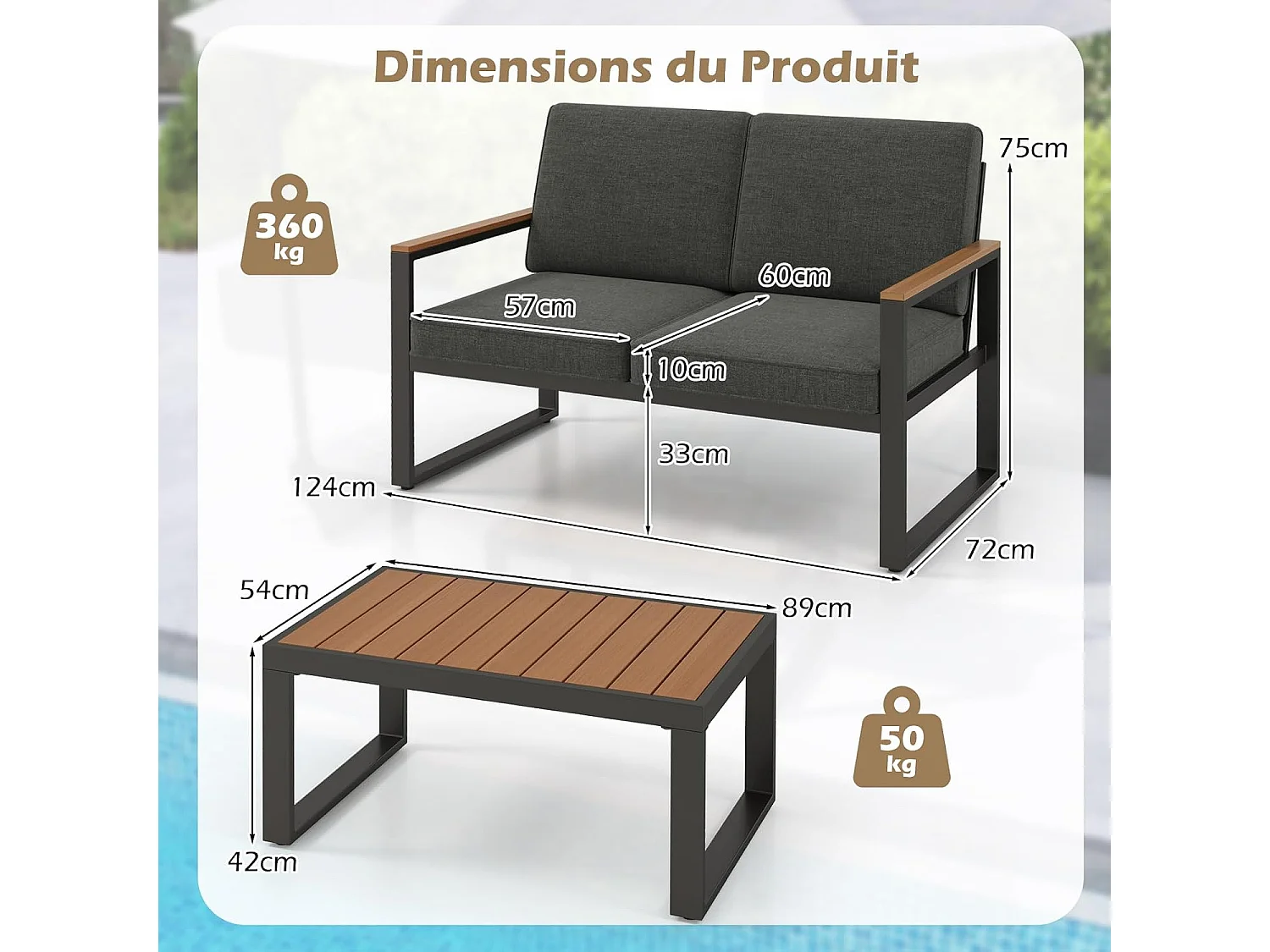 Salon de Jardin 2 Pièces avec Table Basse Causeuse, Ensemble de Meubles d'Extérieur en Aluminium avec Accoudoirs et Plateau en Bois, pour Patio Balcon