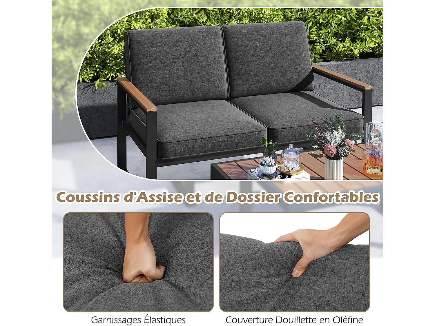 Salon de Jardin 2 Pièces avec Table Basse Causeuse, Ensemble de Meubles d'Extérieur en Aluminium avec Accoudoirs et Plateau en Bois, pour Patio Balcon