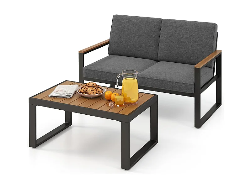 Salon de Jardin 2 Pièces avec Table Basse Causeuse, Ensemble de Meubles d'Extérieur en Aluminium avec Accoudoirs et Plateau en Bois, pour Patio Balcon