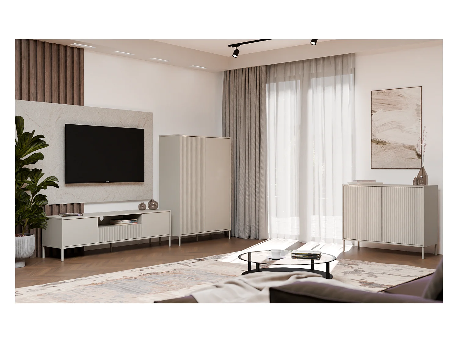KAMARO - Meuble TV 160cm avec deux portes et un tiroir - Beige Cachemire
