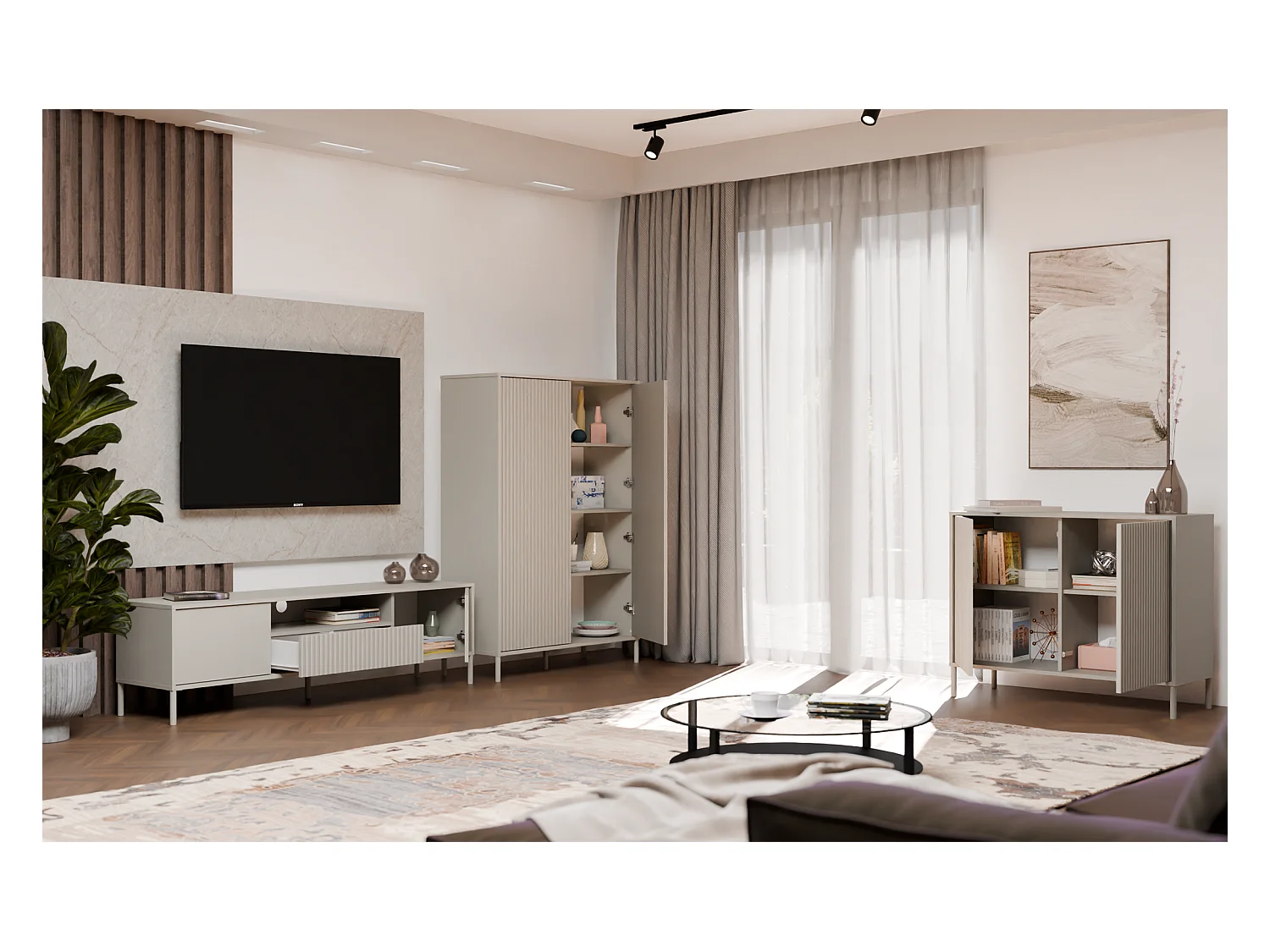 KAMARO - Meuble TV 160cm avec deux portes et un tiroir - Beige Cachemire