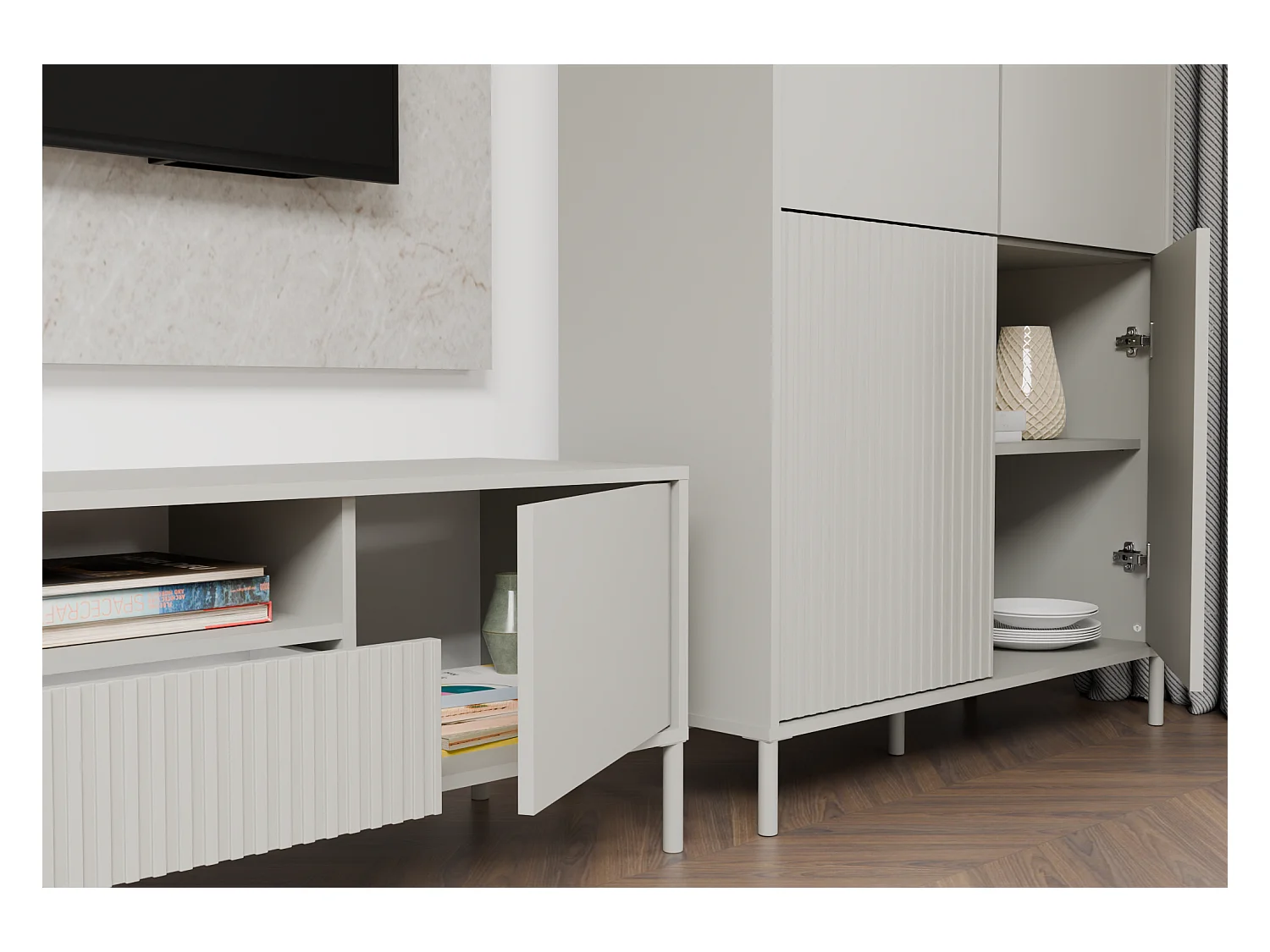 KAMARO - Meuble TV 160cm avec deux portes et un tiroir - Beige Cachemire