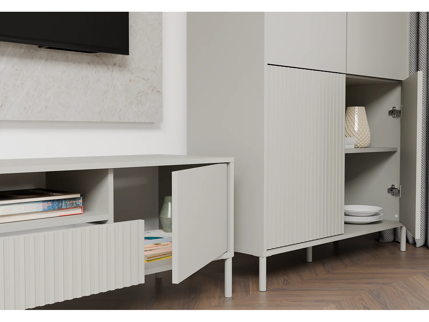 Szafka Kamaro RTV |  Kaszmir | 164x40x47 cm | Ryflowany Front