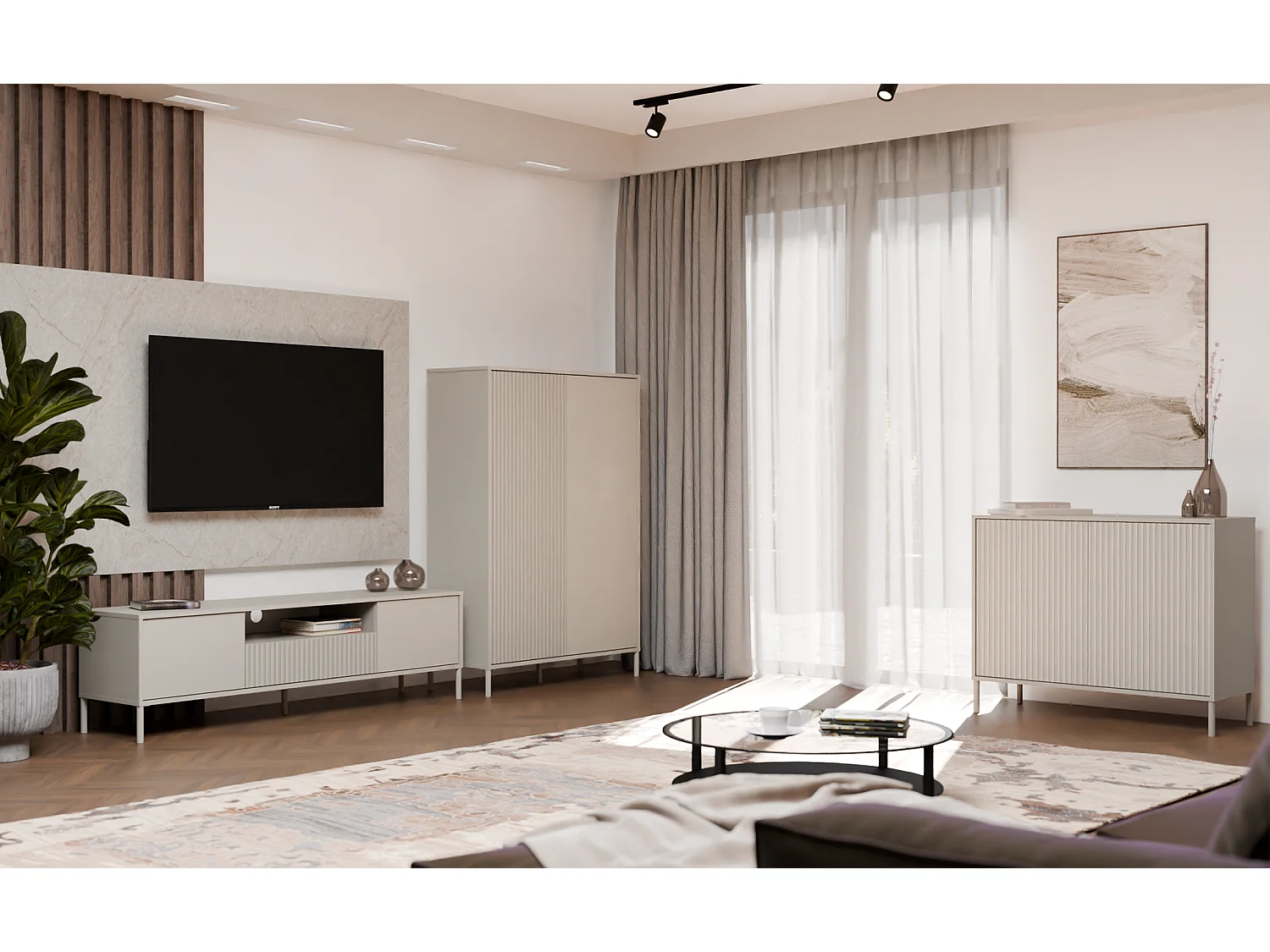 KAMARO – Mueble de TV 160 cm con dos puertas y un cajón – Beige Cachemira