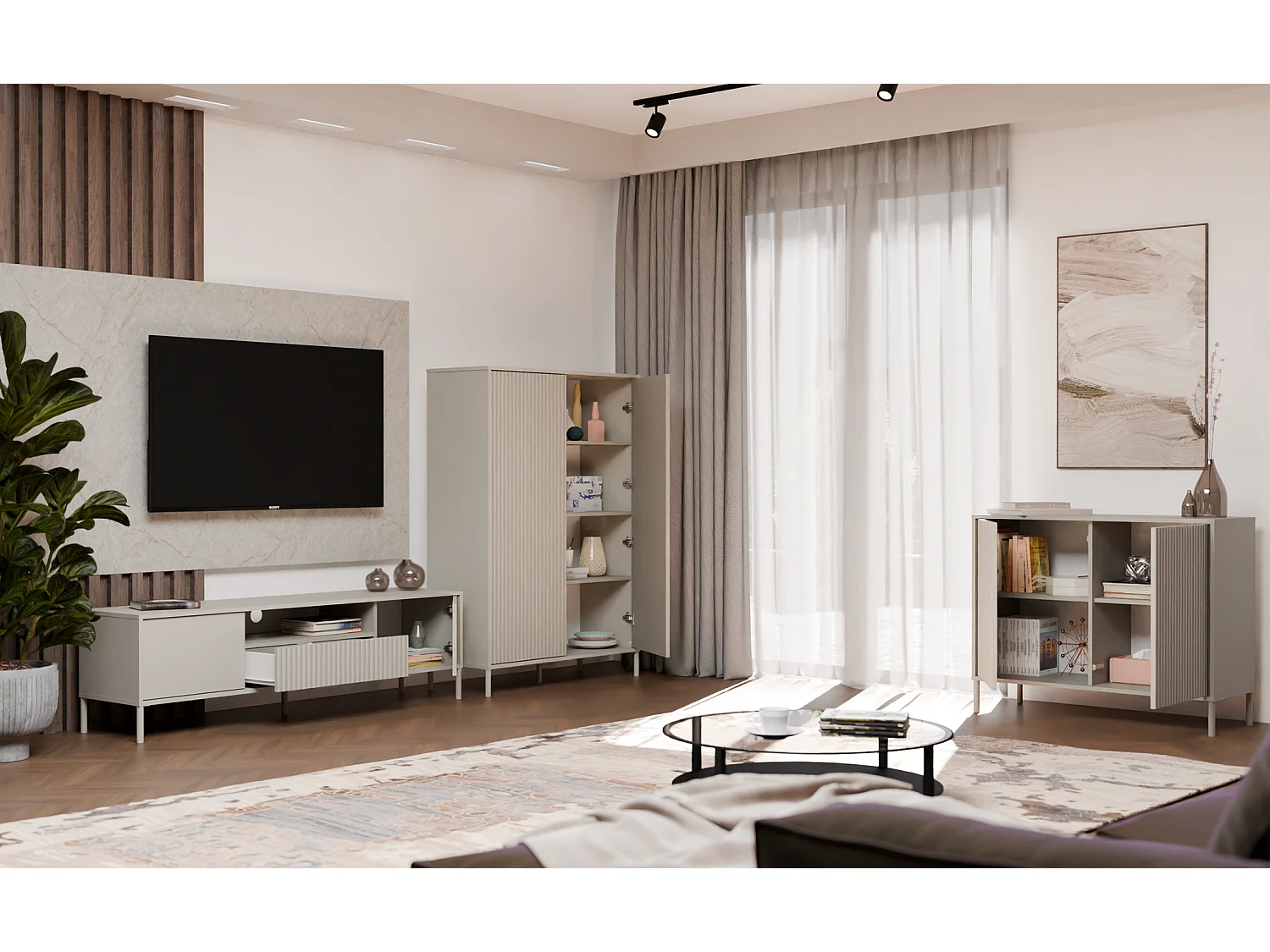 KAMARO – Mueble de TV 160 cm con dos puertas y un cajón – Beige Cachemira