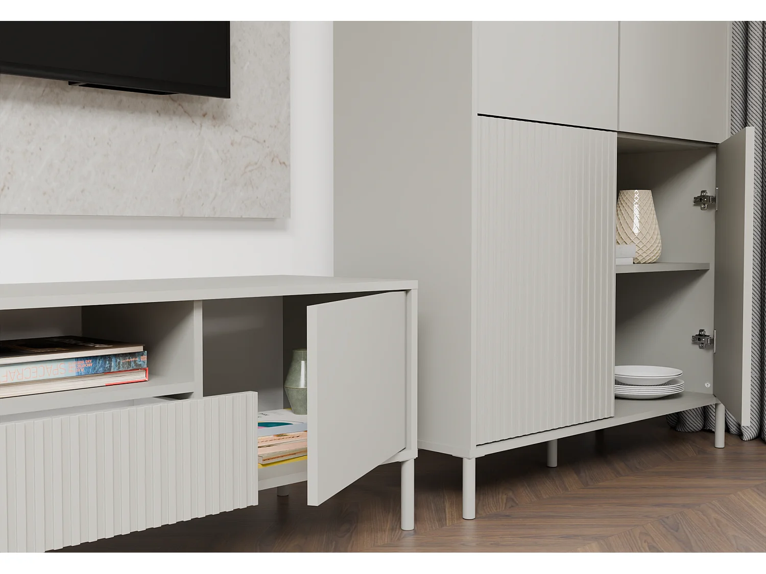 KAMARO – Mueble de TV 160 cm con dos puertas y un cajón – Beige Cachemira