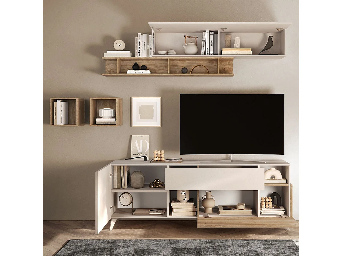 TV-Ständer weißes Holz moderne Schublade 2 Türen 181x42x67cm Edwin - Eiche - Weiß