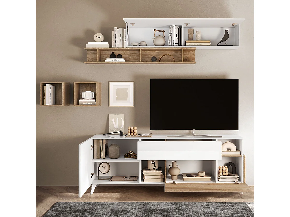 TV-Ständer weißes Holz moderne Schublade 2 Türen 181x42x67cm Edwin - Eiche - Weiß