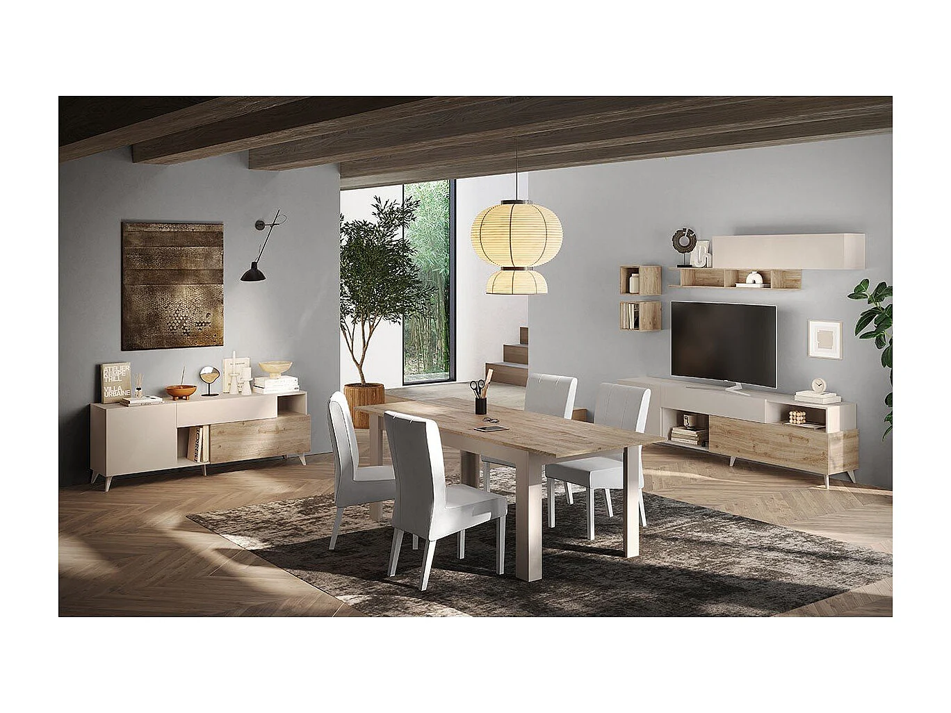 TV-Ständer weißes Holz moderne Schublade 2 Türen 181x42x67cm Edwin - Eiche - Weiß