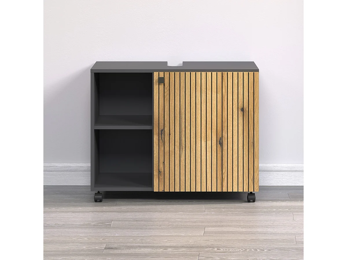 Mueble bajo lavabo con ruedas 1 puerta y 2 nichos L80 cm - PUREBLISS