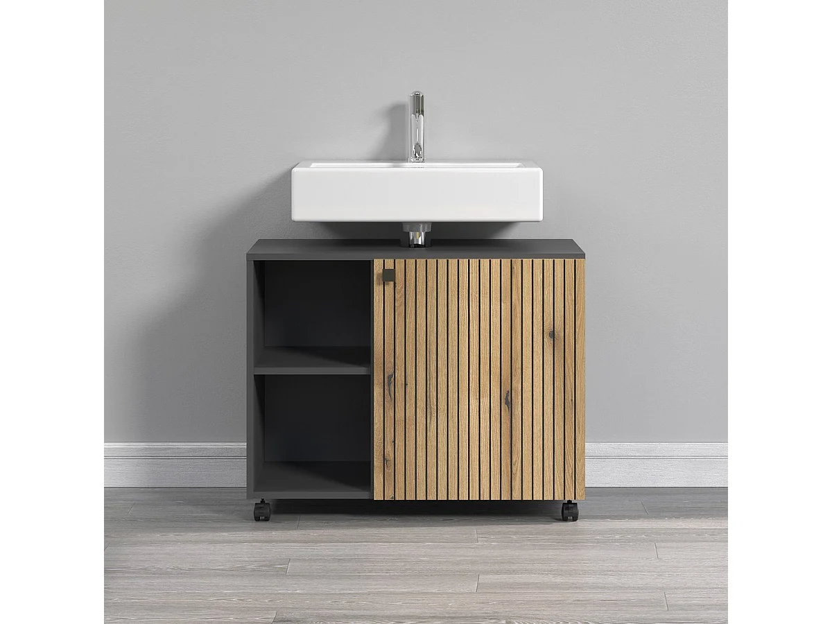 Mueble bajo lavabo con ruedas 1 puerta y 2 nichos L80 cm - PUREBLISS