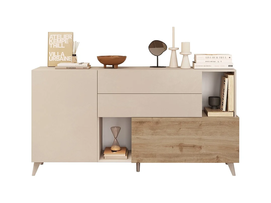 Buffet 2 portes, 2 tiroirs, 2 niches et 2 étagères L181 cm - MALA