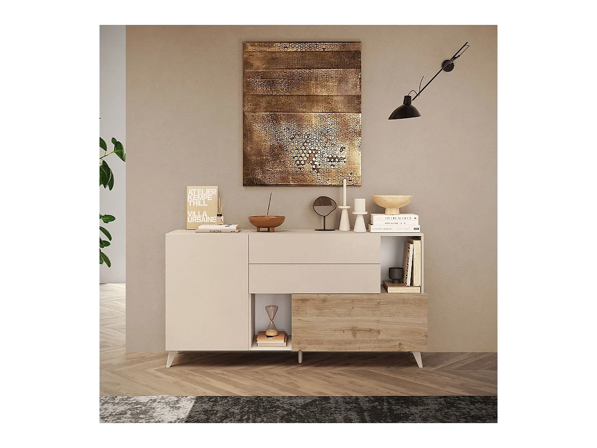 Buffet 2 portes, 2 tiroirs, 2 niches et 2 étagères L181 cm - MALA