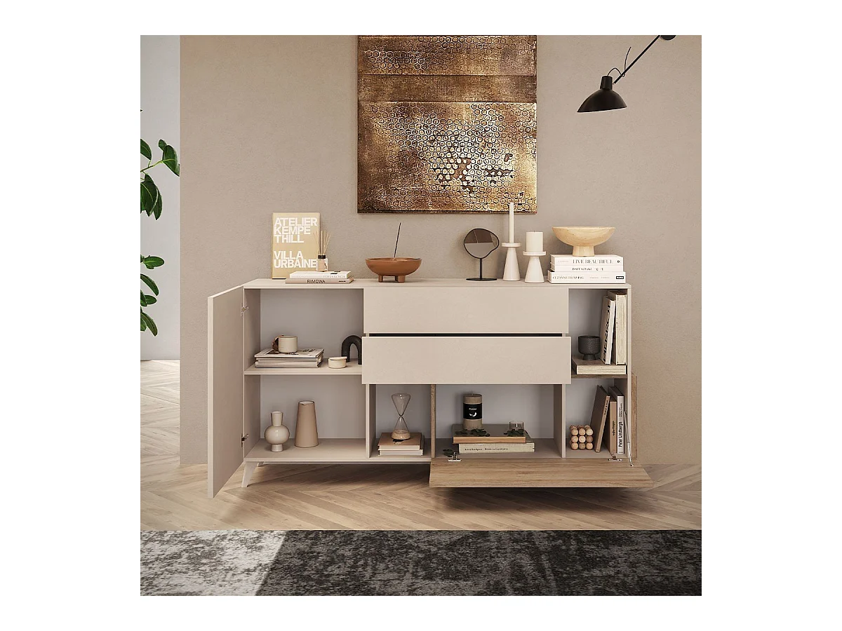 Buffet 2 portes, 2 tiroirs, 2 niches et 2 étagères L181 cm - MALA