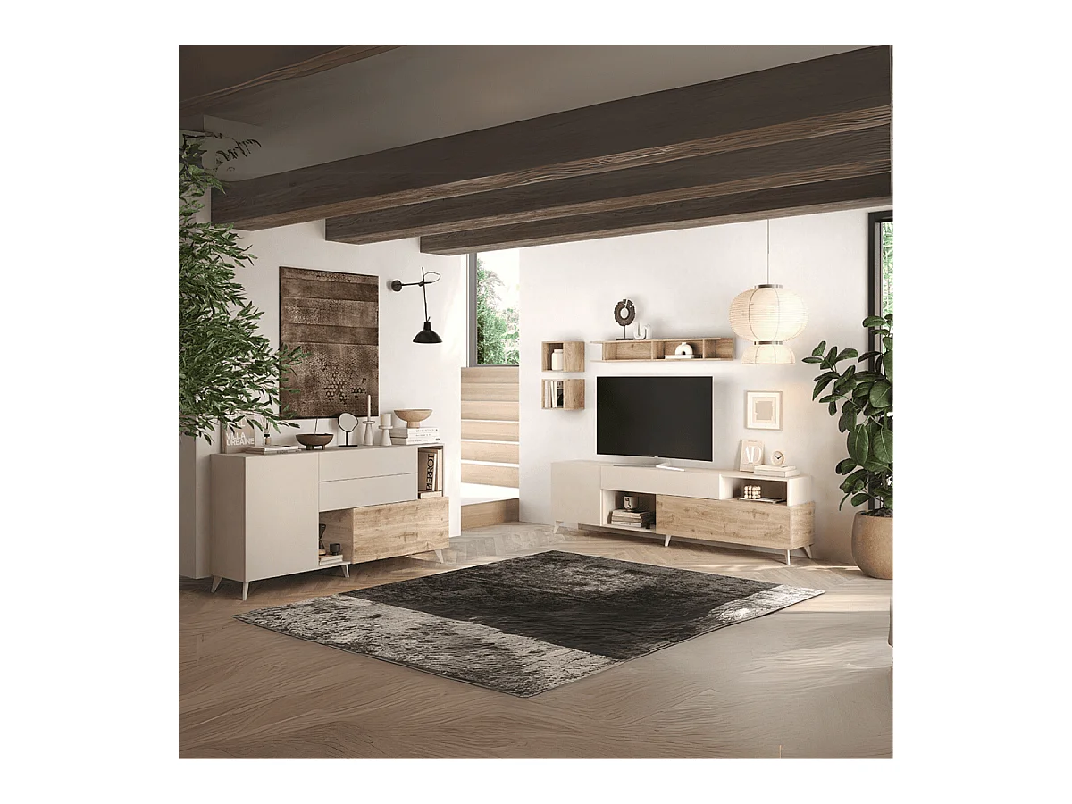 Buffet 2 portes, 2 tiroirs, 2 niches et 2 étagères L181 cm - MALA