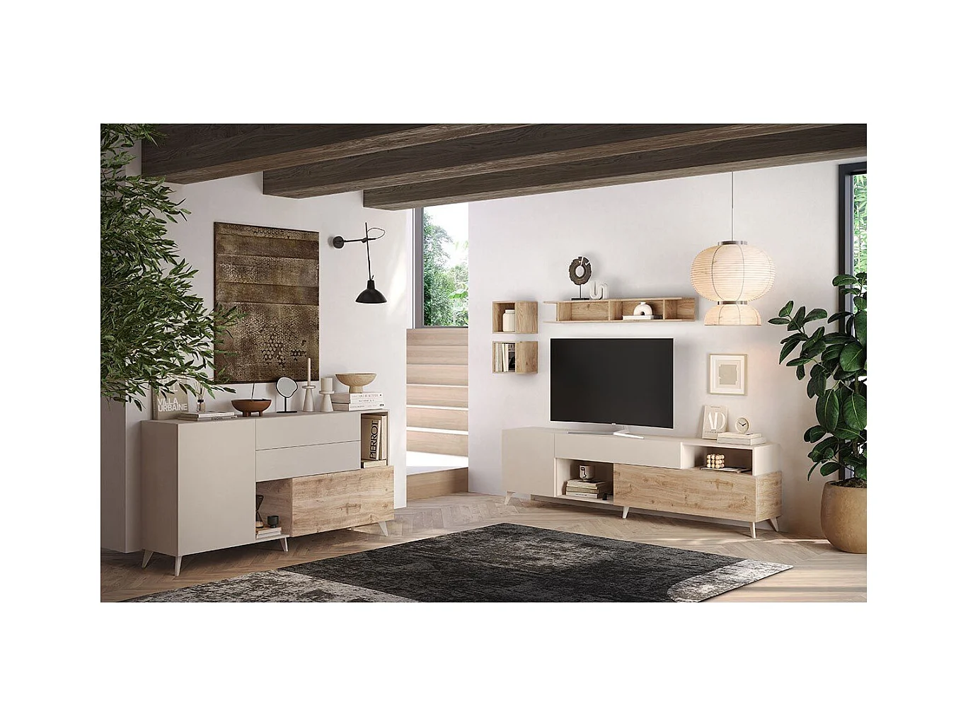 Buffet 2 portes, 2 tiroirs, 2 niches et 2 étagères L181 cm - MALA