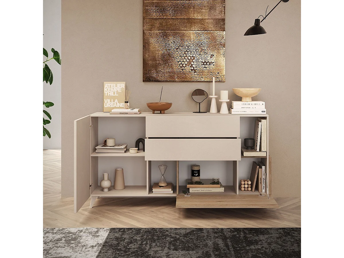 Buffet 2 portes, 2 tiroirs, 2 niches et 2 étagères L181 cm - MALA