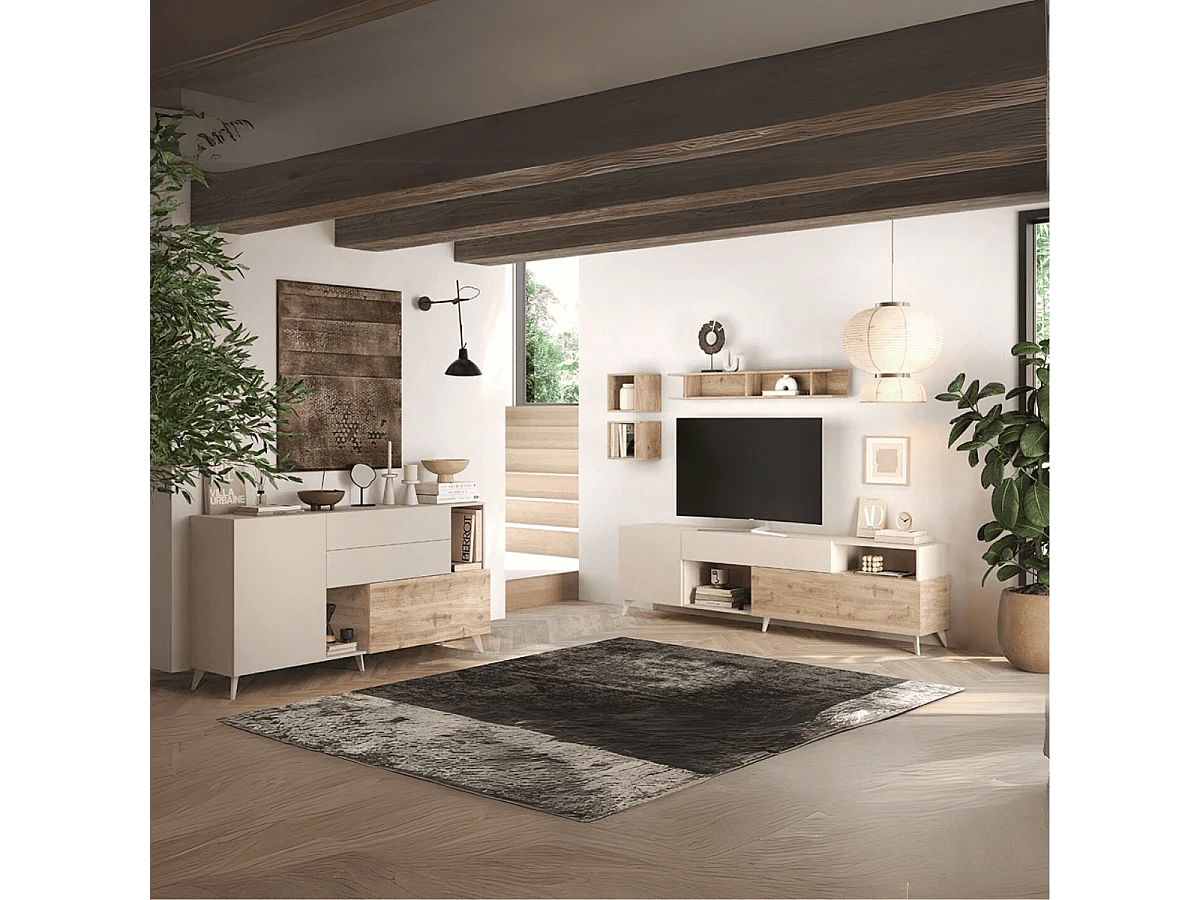 Küchenanrichte Wohnzimmer 2 Türen 2 Schubladen Holz weiß 181x42x94cm Kamie - Eiche - Weiß