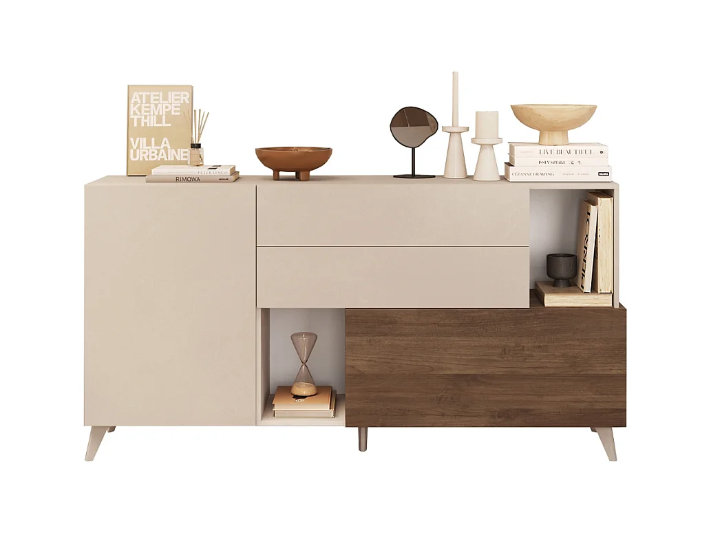 Buffet 2 portes, 2 tiroirs, 2 niches et 2 étagères L181 cm - MALA