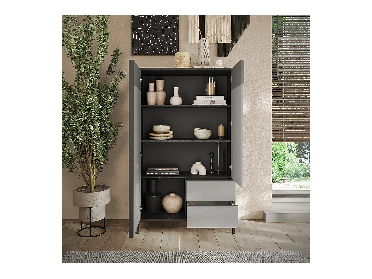 Buffet 2 portes, 2 tiroirs et 3 étagères L106 cm - EVEREST