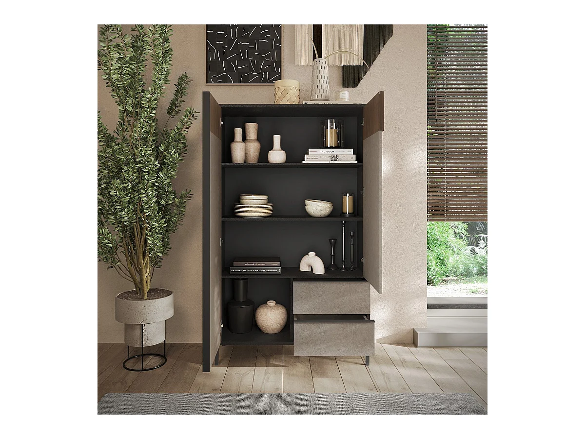 Buffet 2 portes, 2 tiroirs et 3 étagères L106 cm - EVEREST