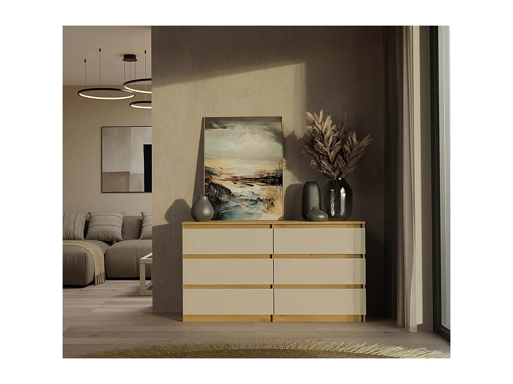 Komoda Malwa M6/140 |Dąb Artisan/Kaszmir | 138x40x75 cm | 6 Szuflad