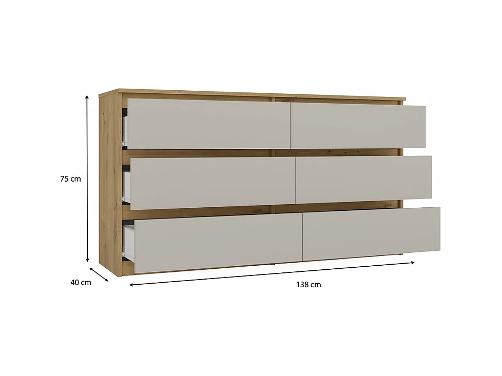 Komoda Malwa M6/140 |Dąb Artisan/Kaszmir | 138x40x75 cm | 6 Szuflad