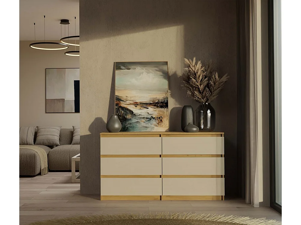 Komoda Malwa M6/140 |Dąb Artisan/Kaszmir | 138x40x75 cm | 6 Szuflad