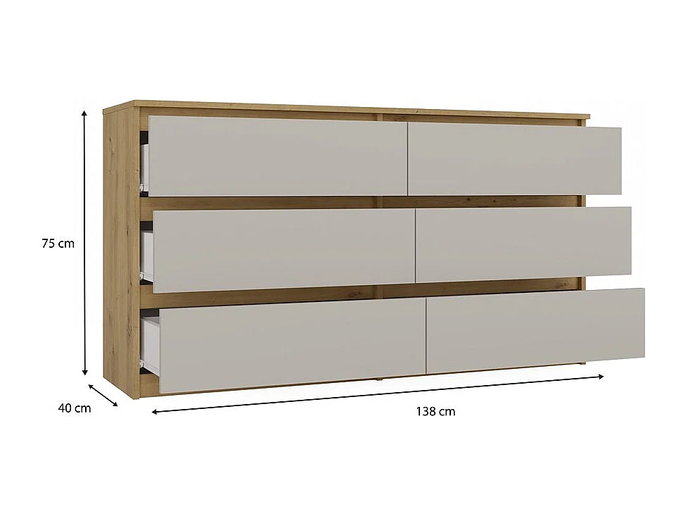 Komoda Malwa M6/140 |Dąb Artisan/Kaszmir | 138x40x75 cm | 6 Szuflad